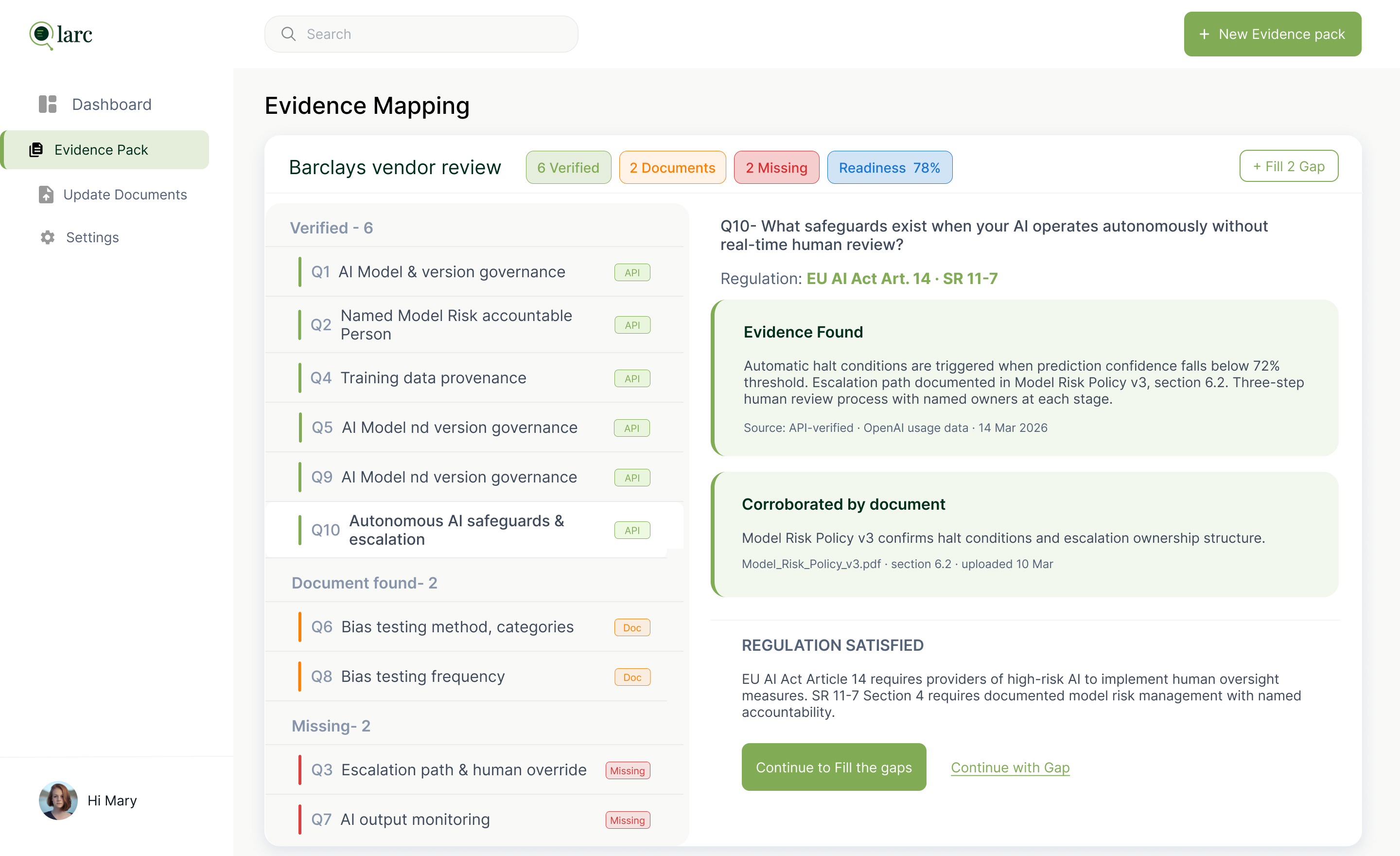 Evidence Mapping: claims grouped by state, beside the evidence for the selected one.