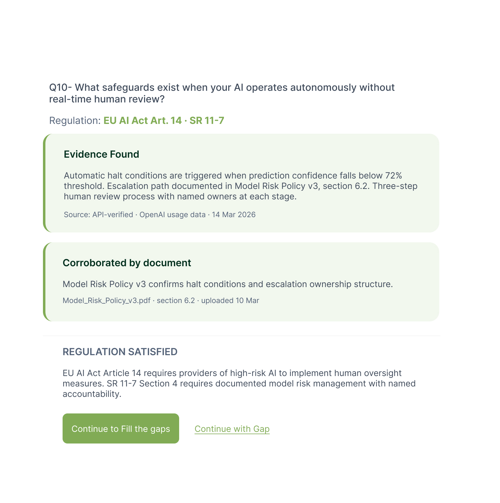 One governance question in full: the regulation citation, the evidence found with its API-verified source, the corroborating document, and the regulation it satisfies