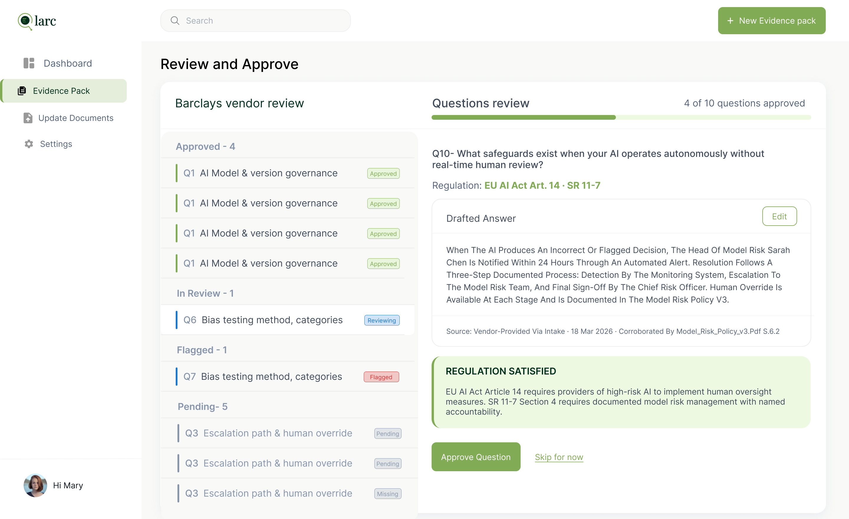 Review and approve screen
