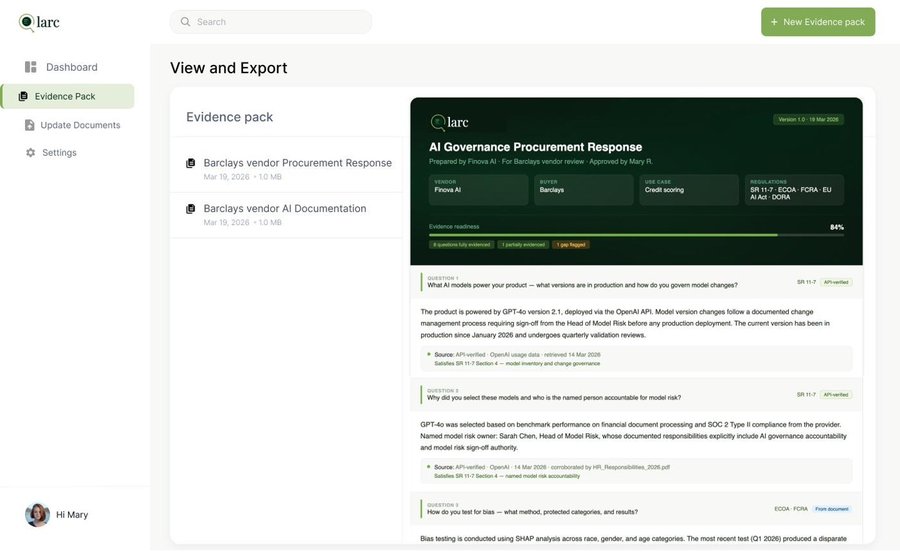 Qlarc View and Export, the generated AI Governance Procurement Response evidence pack