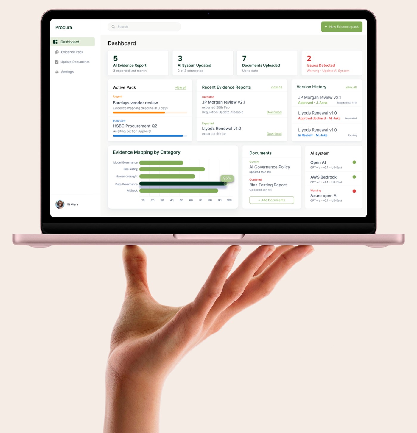 The Qlarc dashboard held on a MacBook: evidence reports, active packs, version history and AI-system status in one view.