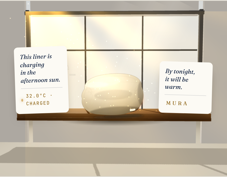 Mura's retail merchandising: the ceramic charging on a sunny store windowsill, with the cards that close the sale.