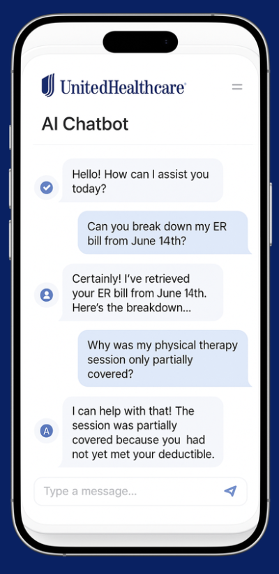 Patient assistant chatbot explaining an ER bill and why a physical therapy session was only partially covered