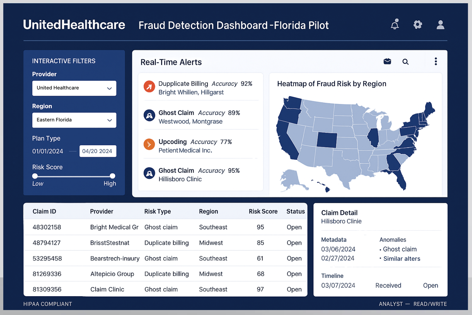 Fraud detection compliance dashboard, Florida pilot, with claim-level risk scores and a regional risk heatmap