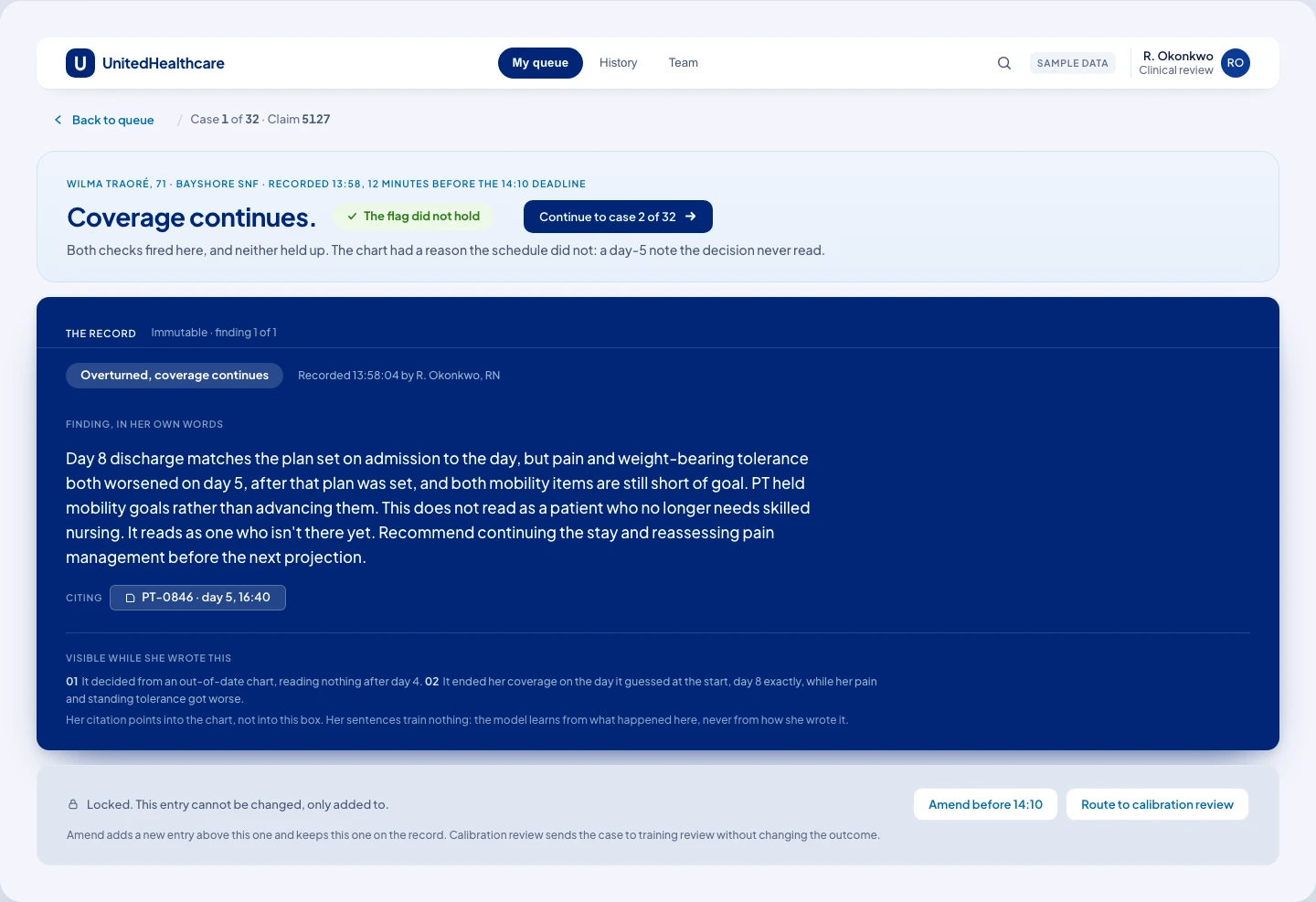 The permanent record screen: a dark navy card with the reviewer's finding in large type at the top, a citation chip beneath it, small provenance text naming the two signals visible while it was written, and a locked footer offering amend or calibration-review actions instead of an edit control.