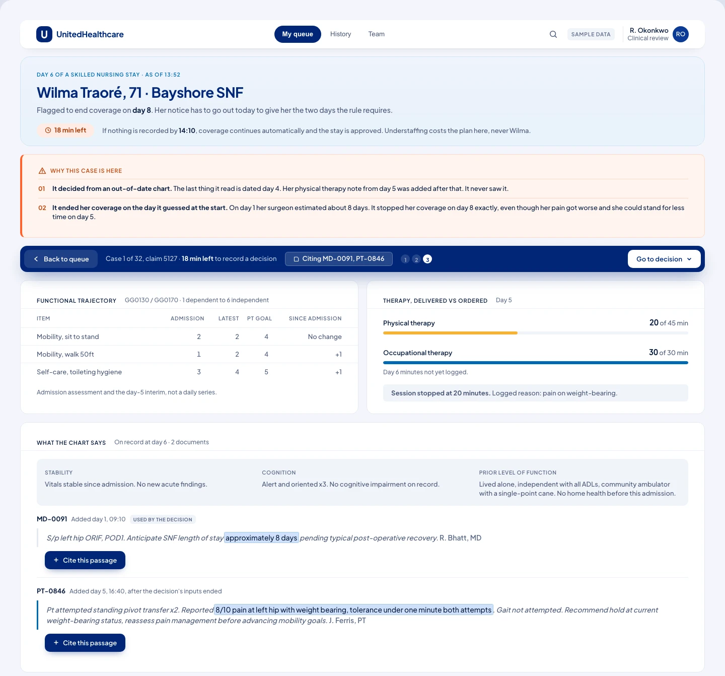 The top of the claim review screen: a gold flag box naming two signals above the chart, functional trajectory and therapy tables, and the two source documents with a passage highlighted in each.