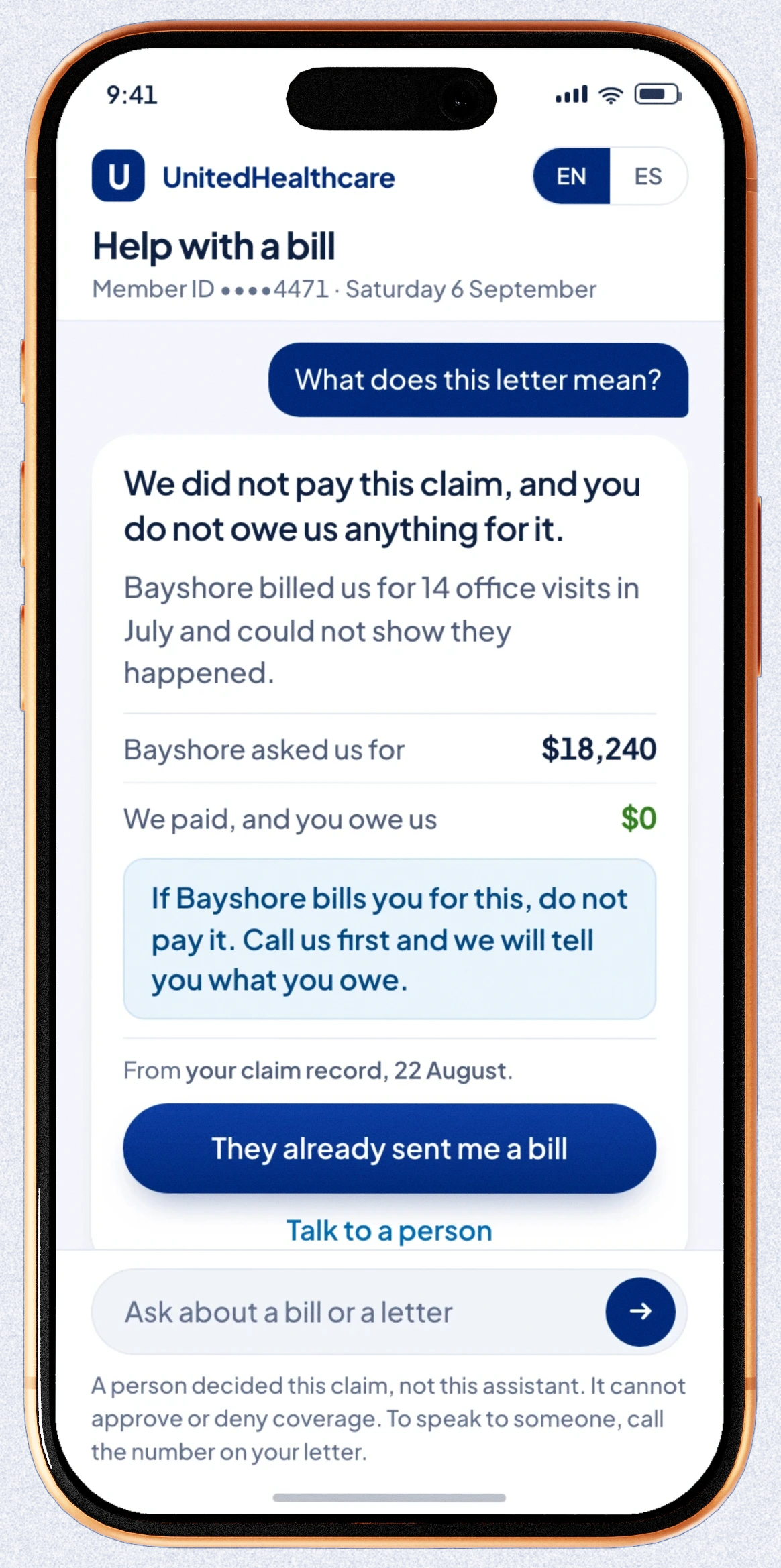 The billing help assistant's opening answer on the member's claim, on a phone: the plan did not pay it, the member owes nothing, and Bayshore asked for $18,240.