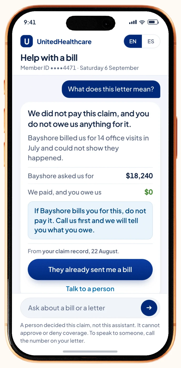 A phone screen answering the question what does this letter mean: the plan did not pay the claim, Bayshore asked for $18,240 and the member owes $0, an instruction not to pay if Bayshore bills them, a line citing the claim record the answer came from, and a footer stating that a person decided this claim and not the assistant.