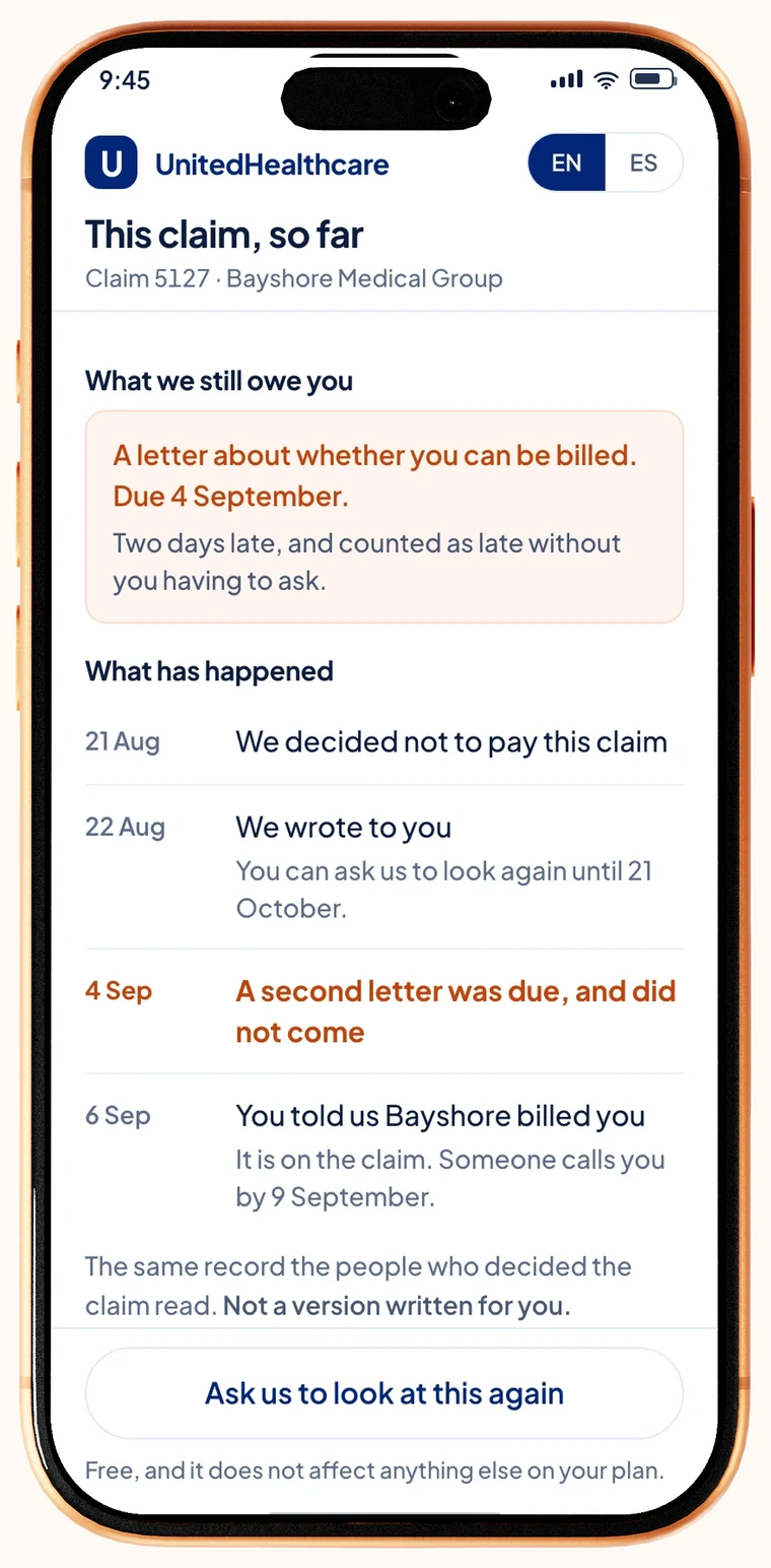 A phone screen headed this claim so far: an overdue item saying a letter about whether the member can be billed was due on 4 September and is two days late, and a plain timeline of the decision, the letter, the missed second letter and the member reporting the bill.