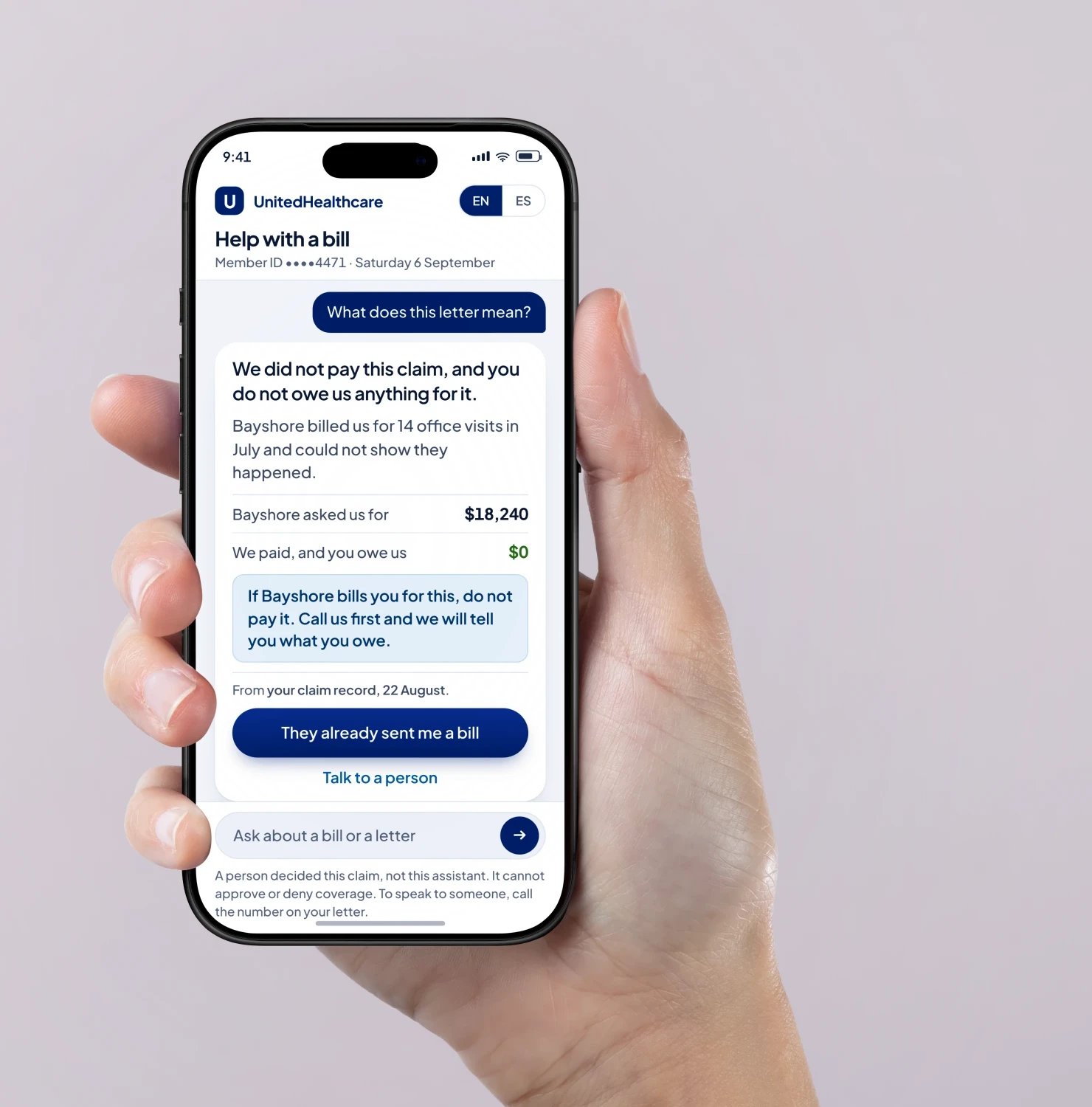 A hand holding a phone showing the billing help assistant's opening answer on the member's claim: the plan did not pay it, the member owes nothing, and Bayshore asked for $18,240.
